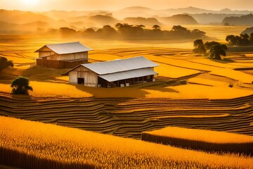  the storage and drying of various grains &ndash; wheat, corn, soy, sunflower &ndash; against a breathtaking golden sky backdrop, blending seamlessly with serene rice fields