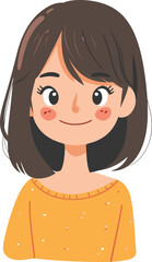 Young girl with brown hair, cheerful expression, wearing a yellow top. Cartoon female character smiling, cute style. Youth portrait vector illustration.