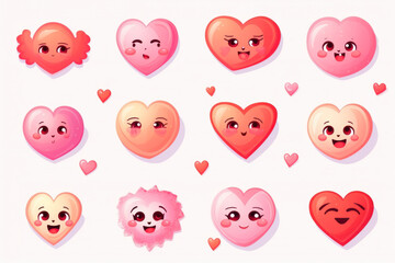 Set of cute cartoon hearts with different emotions. Vector illustration on white background.