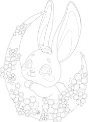 Cute cartoon bunny with flowers and moon graphic template sketch. Holiday spring season vector illustration in black and white for games. Children's story book, coloring paper, page. Print for fabrics