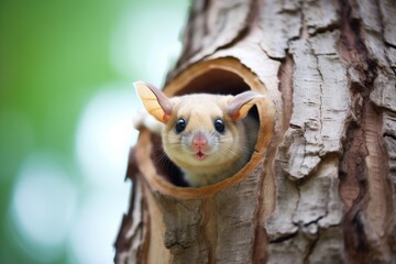 close-up of flying squirrel in hollow trunk