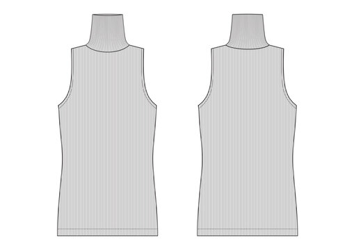 Vector fashion technical drawing of a sleeveless turtleneck top with front and back view. Rib knit fabric.