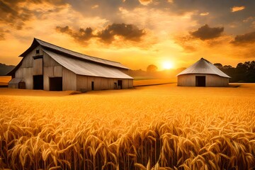  the storage and drying of various grains – wheat, corn, soy, sunflower – against a breathtaking golden sky backdrop, blending seamlessly with serene rice fields - obrazy, fototapety, plakaty