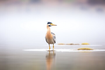 heron standing still in shallow, foggy lake waters