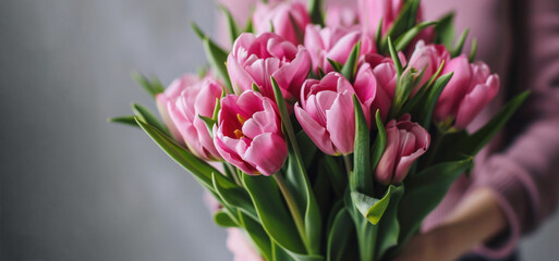 Obraz premium Bouquet of beautiful pink tulips in female hands on gray background, Spring card