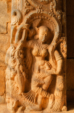 Stone carving of Shalabhanjika at Hampi, Karnataka, India, Asia.
