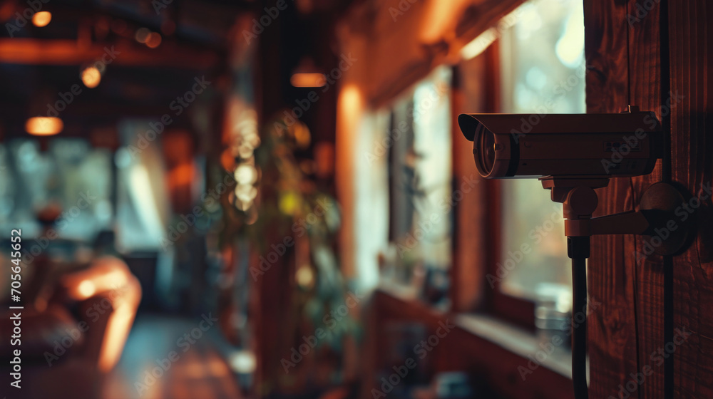 Poster a camera is mounted on the side of a wooden wall. this image can be used to depict surveillance, sec
