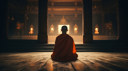 Asian monk praying in a large hall
