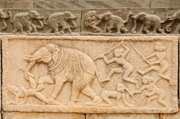 Sculpture or carvings at Royal Enclosure, Hampi, Karnataka, India, Asia.