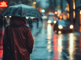 Person with an umbrella walking on a rainy street at night, city lights 