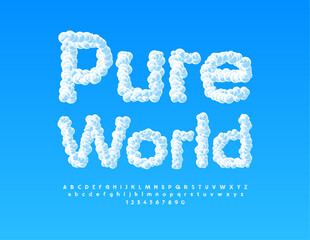 Fototapeta premium Vector modern concept Pure World. Sky texture Font. Cloud Alphabet Letters and Numbers.
