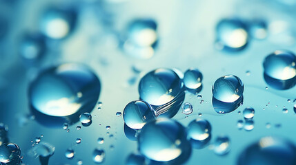 Closeup of water drops sliding on wet surface. Blue background. Generative AI - obrazy, fototapety, plakaty
