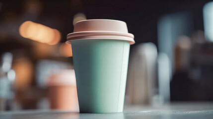 A cardboard disposable coffee cup in pastel colors. created with AI.