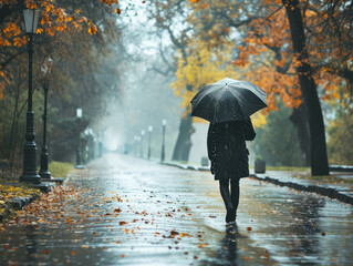 View of a person walking through autumn park in heavy rain with black umbrella.