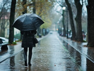 View of a person walking through the park in heavy rain with black umbrella.