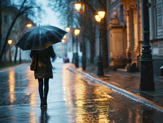 Person with an umbrella walking on a rainy street at night, city lights reflecting on wet pavement.