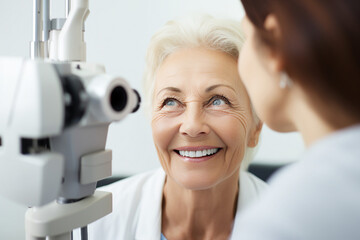 Generative AI image of smiling woman patient vision checkup ophthalmology eyesight recovery