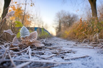 Obraz premium frost covered ferns edging the forest trail