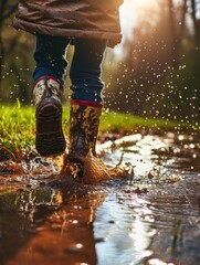 Detail of rain boots happily jumping into a water puddle.
