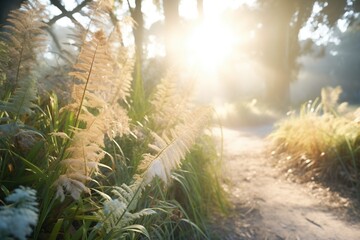 sunray touching frosted ferns near path