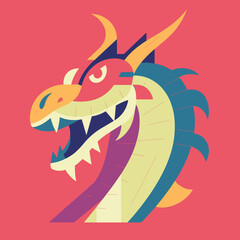 Colorful cartoon dragon with open mouth on red background. Cheerful mythical creature in vibrant colors vector illustration.