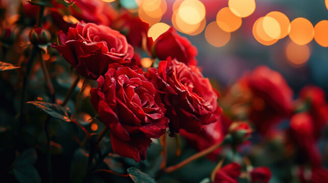 Close up of red roses bouquet on blurred sparkling backdrop. Love romantic concept. Valentine's day. Generative AI