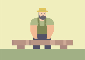 Bearded man with hat standing behind park bench. Casual urban male character outdoors. Simplistic style people vector illustration.