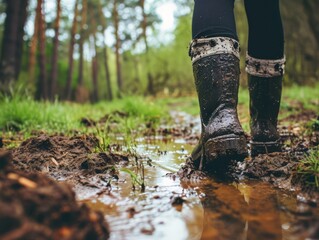 Detail of rain boots walking through muddy forest.  - obrazy, fototapety, plakaty