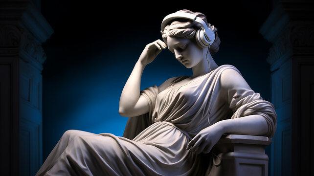 classical music concept, the head of an abstract fictional ancient female statue in modern music headphones, listening to music.