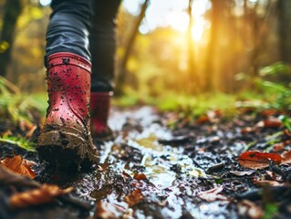 Detail of rain boots walking through muddy forest. 