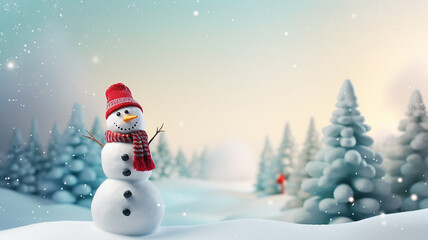 Obraz premium greeting card with a snowman, merry christmas and happy new year, light blurred background cartoon snowman in a snowfall, winter postcard