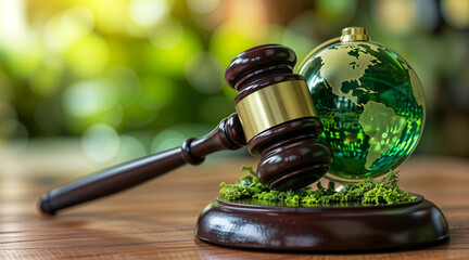 Gavel and green eco Earth globe, international law and green energy concept, sustainable environment future global values