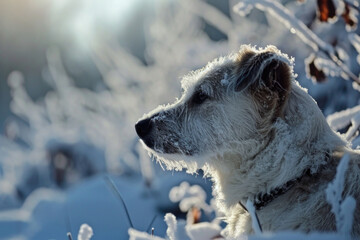 A dog stands in the snow in front of a bush. This image can be used for various purposes, such as illustrating winter scenes, pet care, or outdoor activities with dogs