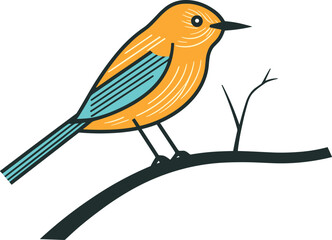 Hand-drawn colorful bird on a branch. Cartoon style yellow and blue bird perched calmly. Simple nature scene vector illustration.