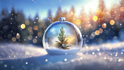 Fototapeta na wymiar A beautiful christmas snow globe in snow at sunrise