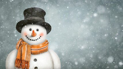 Fototapeta premium snowman, winter christmas greeting card copy space, empty background with falling snow, abstract blurred, illustration beautiful new year greetings