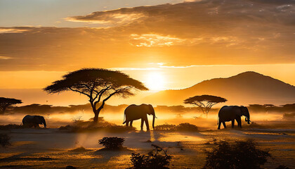 Fototapeta na wymiar A captivating look of elephants in an african wildlife park at sunset.jpg