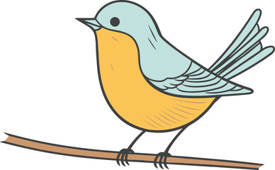 Blue and yellow bird perched on branch. Cute cartoon avian illustration. Simple wildlife and nature drawing vector illustration.