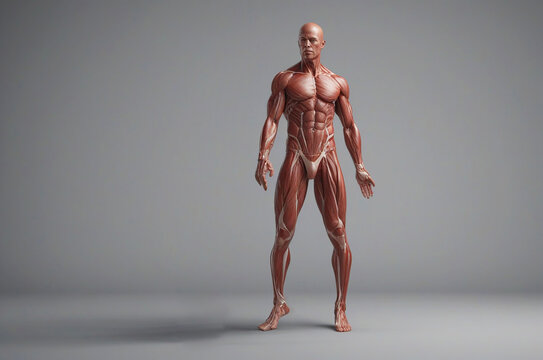 Skinless man, human anatomy and muscular system
