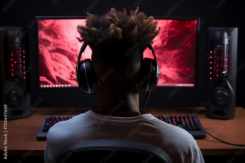 Poster generative ai back view photo image of guy sitting at home playing online game