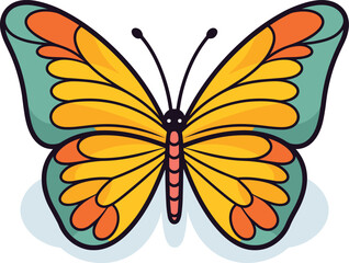 Colorful cartoon butterfly with large wings, vibrant yellow and green. Flat design insect, simple style for children's book. Nature and springtime vector illustration.