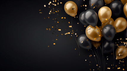 Chic Festivity: Dark Glittering Background Adorned with Black and Golden Balloons and Confetti