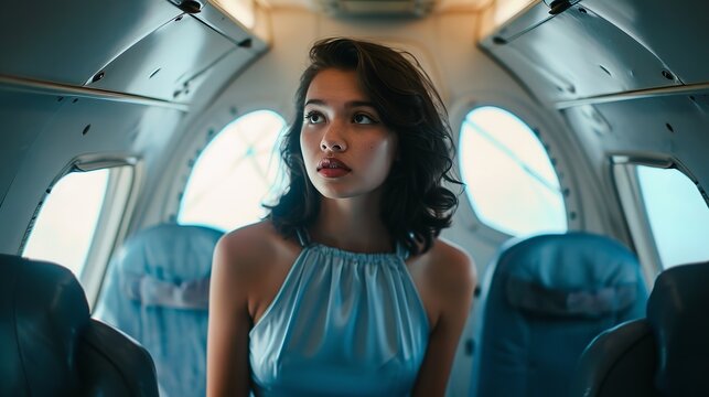 Attractive young lady modeling in a blue dress inside an aircraft, Generative AI.