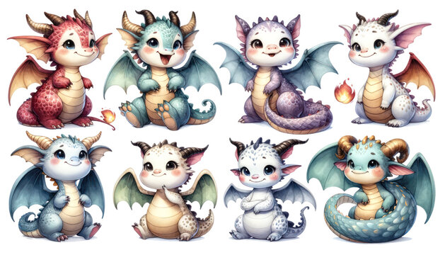 set of watercolor cute dragon isolated on transparent background
