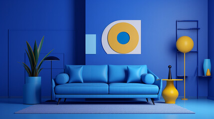 Memphis Marvel: Abstract Geometric Furniture Surrounds Blue Sofa in Modern Living Room