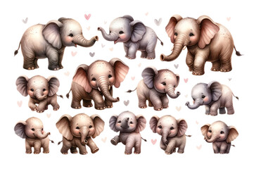 set of watercolor cute safari elephants isolated on transparent background