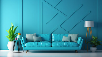 Memphis Marvel: Abstract Geometric Furniture Surrounds Blue Sofa in Modern Living Room