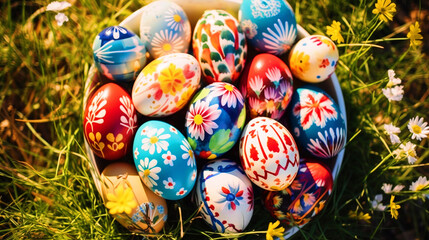 Fototapeta na wymiar Colorful Easter eggs placed in green grass - ai generative