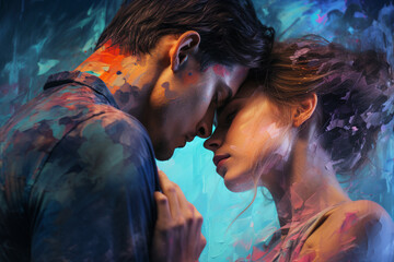 Generative ai fantasy surreal image of romantic story people in love on colorful background