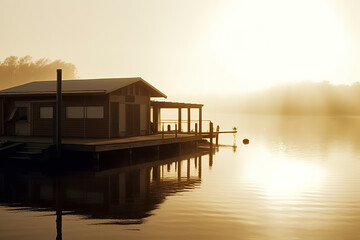 Fototapeta premium A serene houseboat docked on a calm lake, bathed in golden light, with a misty backdrop and reflective waters, ai generative